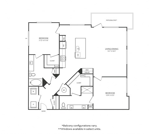 Floor plan for 2 beds, 2 baths, 1255 sqft